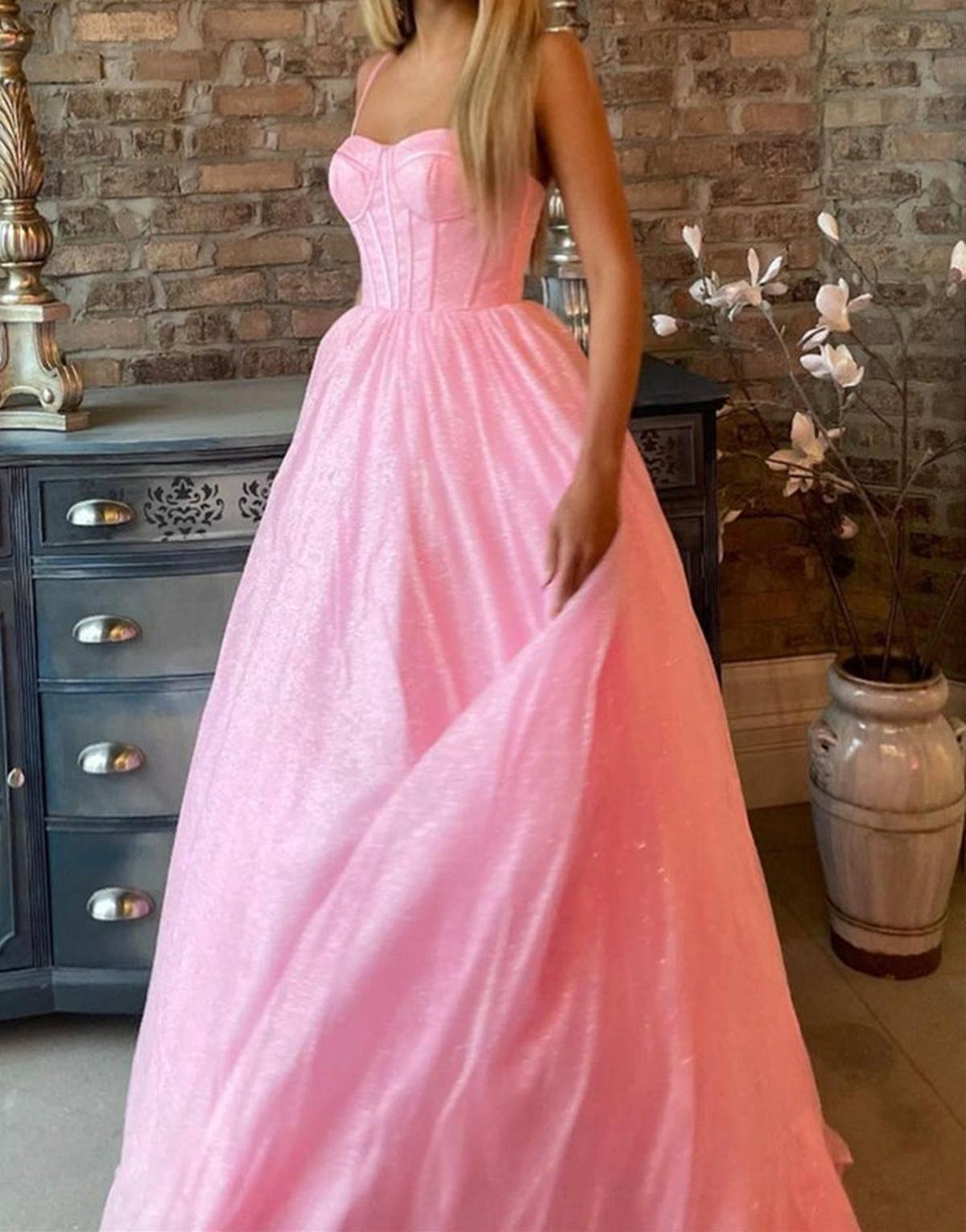 Unthony - Shiny Pink Tulle Long Prom Dress