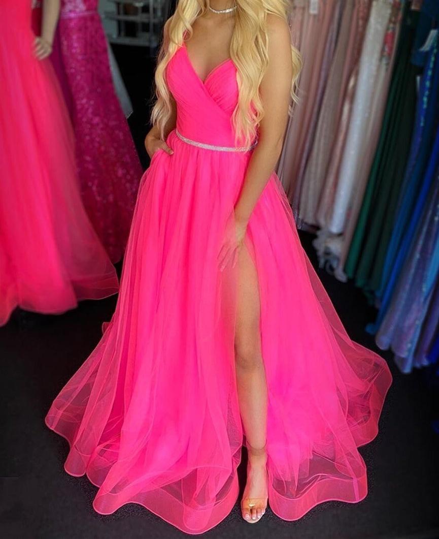Unthony - A Line V Neck Backless Hot Pink Long Prom Dress with Slit