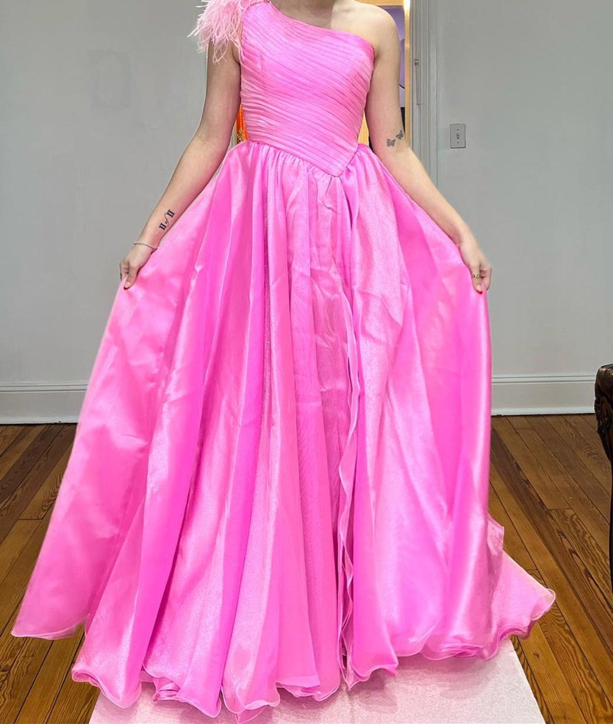 Unthony - One Shoulder Pink Tulle Long Prom Dress