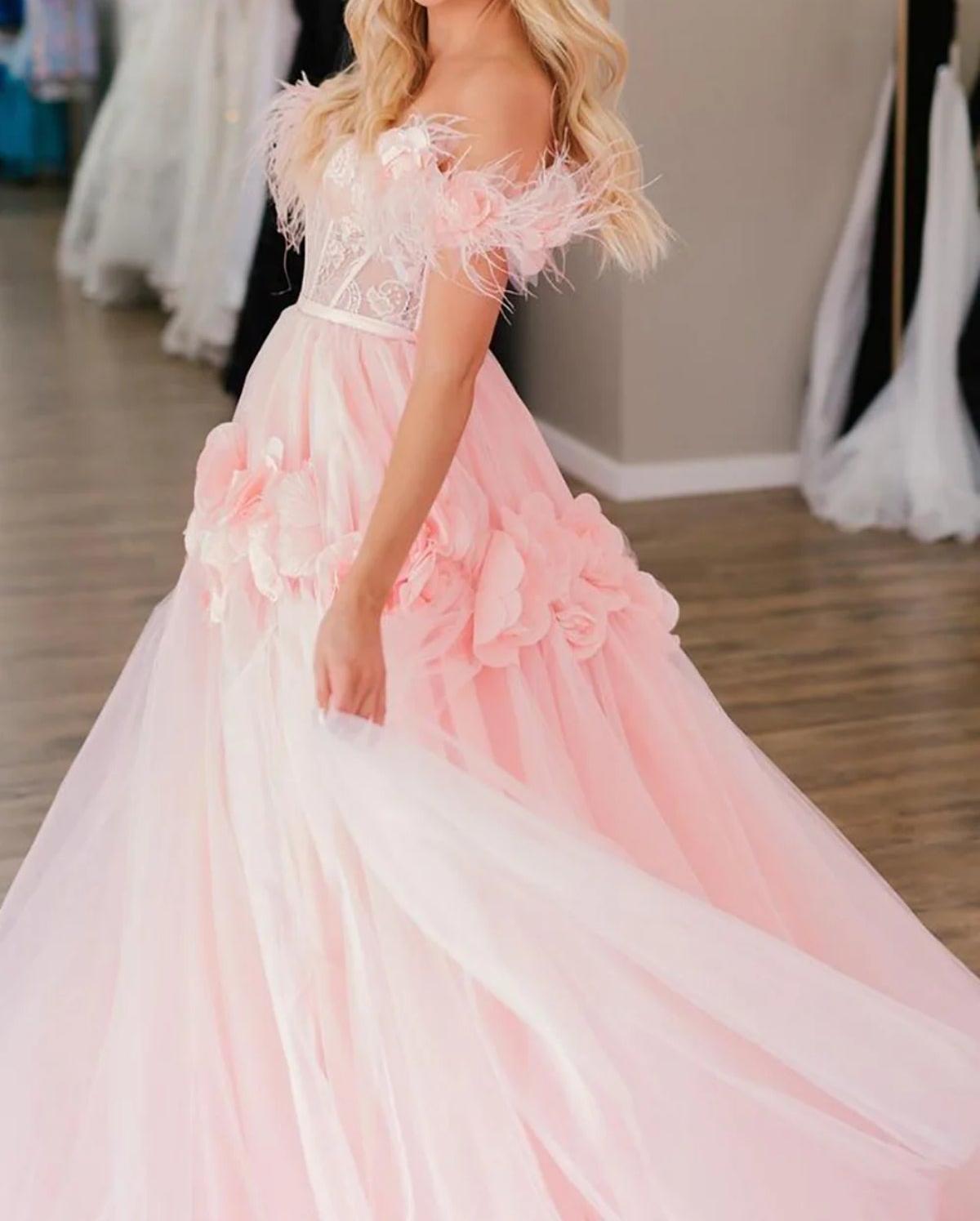 Unthony - Off Shoulder Pink Lace Long Prom Dress with Flowers