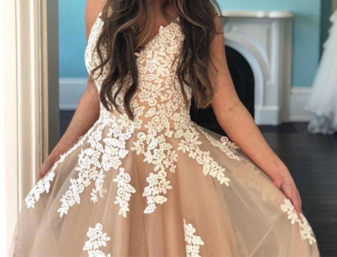 Unthony - A Line V Neck Champagne Tulle Long Prom Dress with White Lace