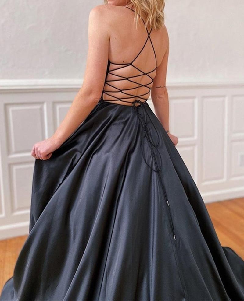 Unthony - A Line V Neck Backless Black Satin Long Prom Dress