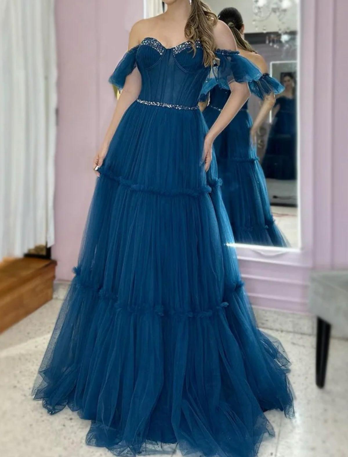 Unthony - Off Shoulder Beaded Blue Tulle Long Prom Dress