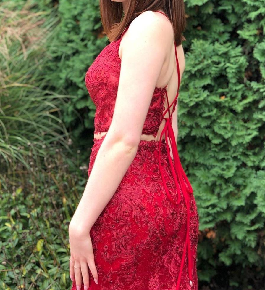 Unthony - Two Pieces Mermaid Burgundy Lace Long Prom Dress