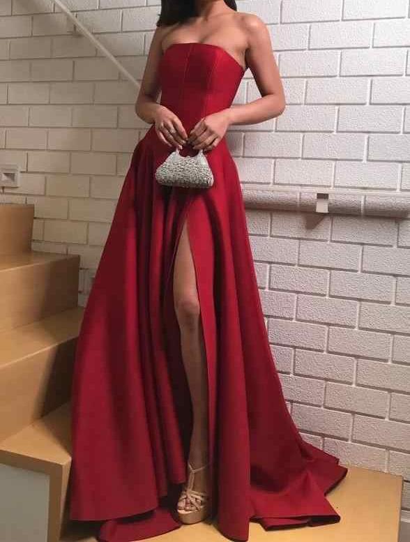 Unthony - Elegant Dark Red Strapless Satin Long Prom Dresses with Side High Slit