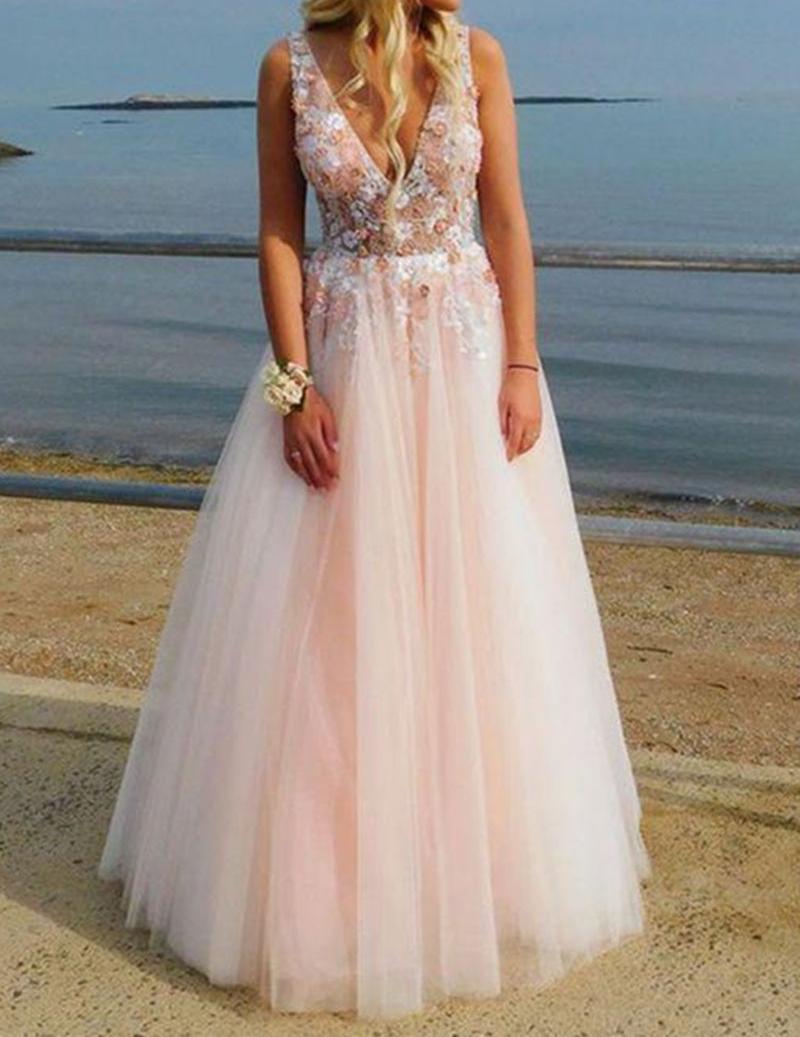 Unthony - A Line V Neck Lace Appliques Pink Tulle Long Prom Dress