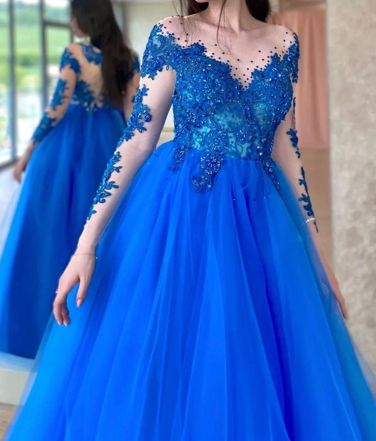 Unthony - Round Neck Long Sleeves Beaded Blue Lace Long Prom Dress