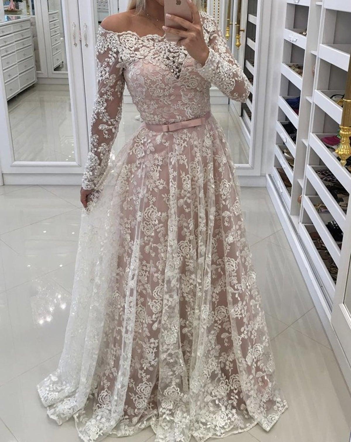 Unthony - Long Sleeves Pink Lace Long Prom Dress