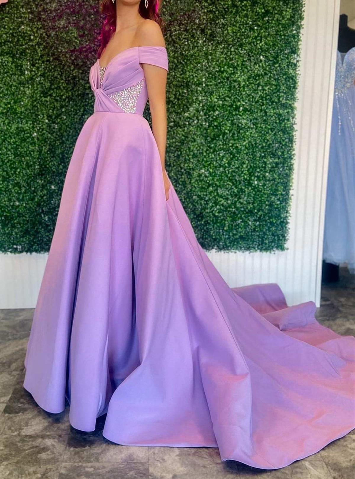 Unthony - Elegant Off Shoulder Beaded Purple Long Prom Dress