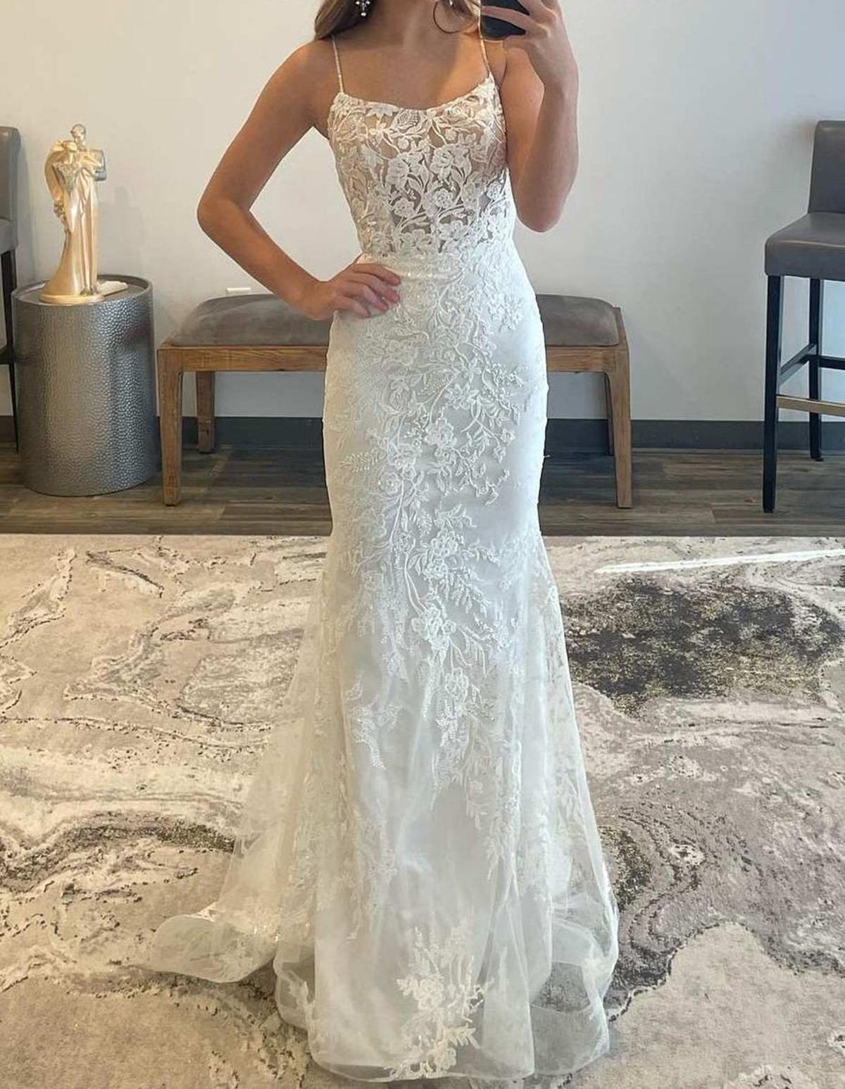 Unthony - Backless Mermaid White Lace Long Prom Dress