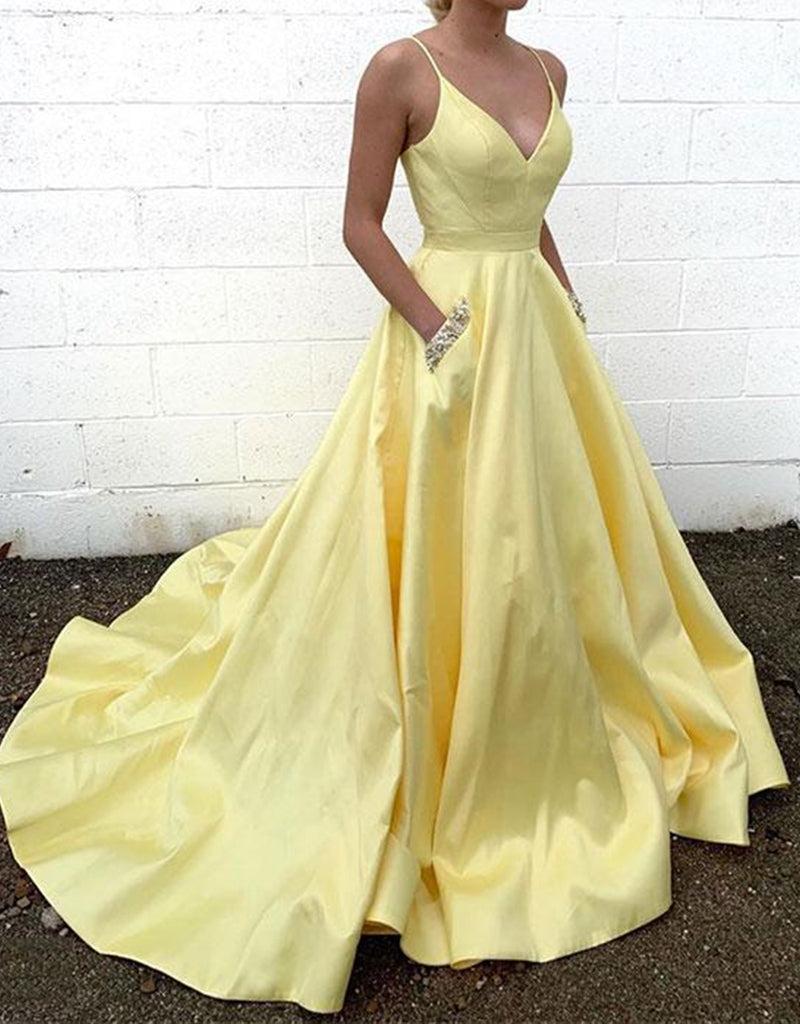 Unthony - A Line V Neck Yellow Satin Long Prom Dress with Pocket
