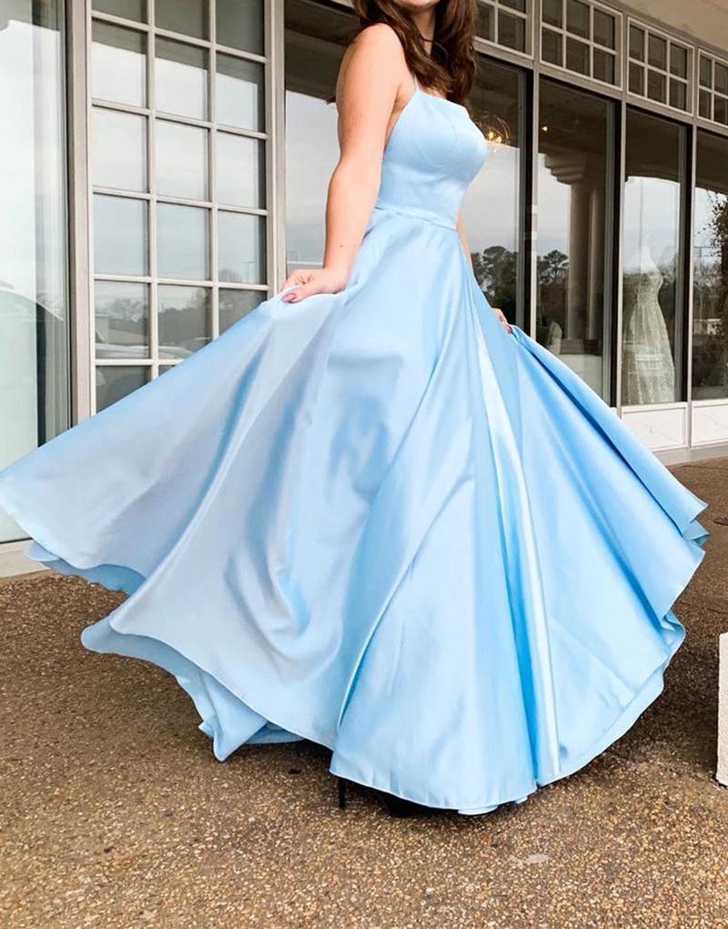 Unthony - Simple Light Blue Backless Satin Long Prom Dress