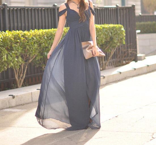 Unthony - A Line Off Shoulder Navy Blue Long Prom Dresses