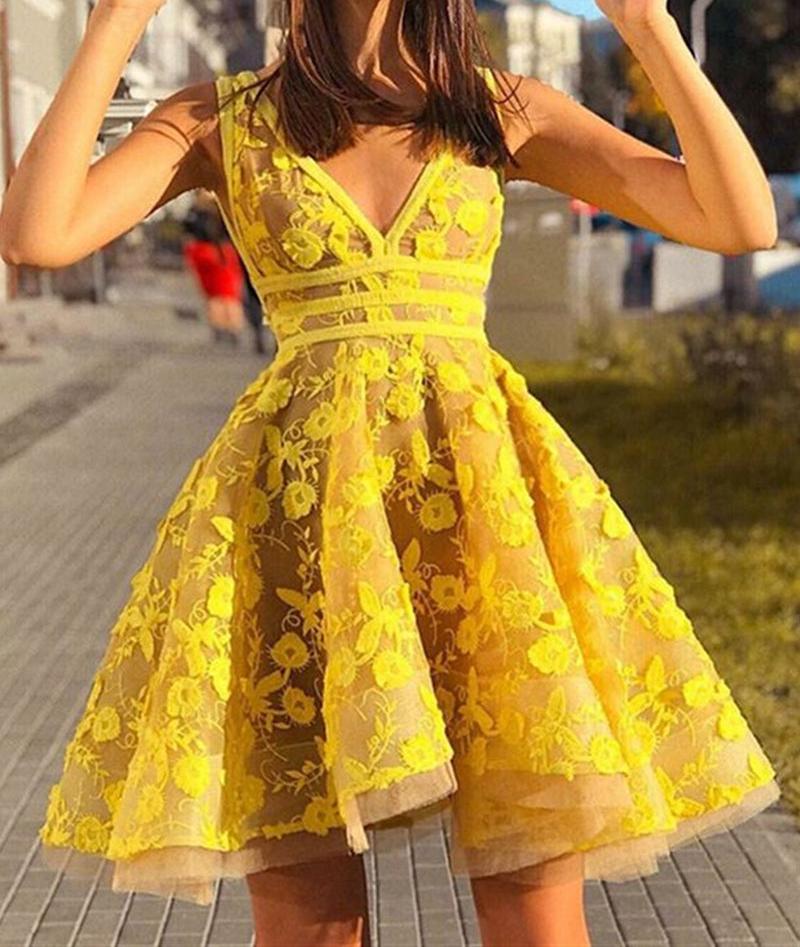 Unthony - Yellow A Line V Neck Lace Homecoming Dresses Short Prom Dresses