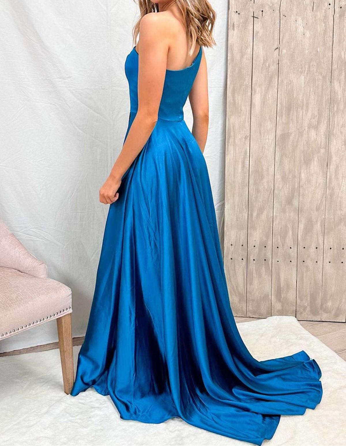 Unthony - One Shoulder Blue Satin Long Prom Dress with High Slit