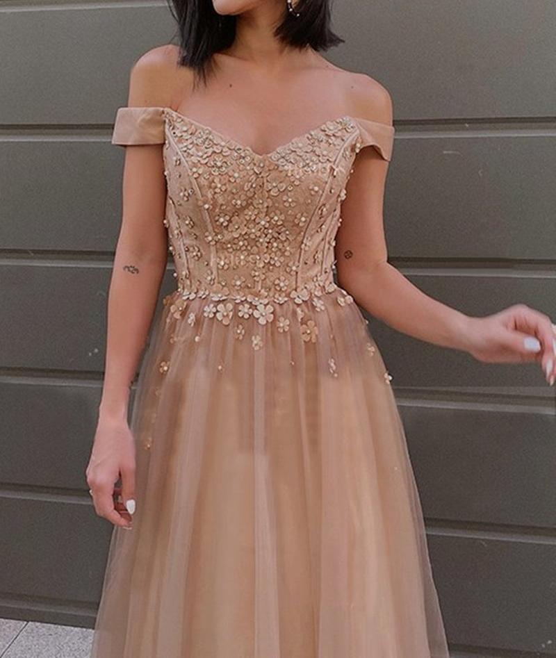 Unthony - Off the Shoulder Champagne Lace Floral Prom Dress
