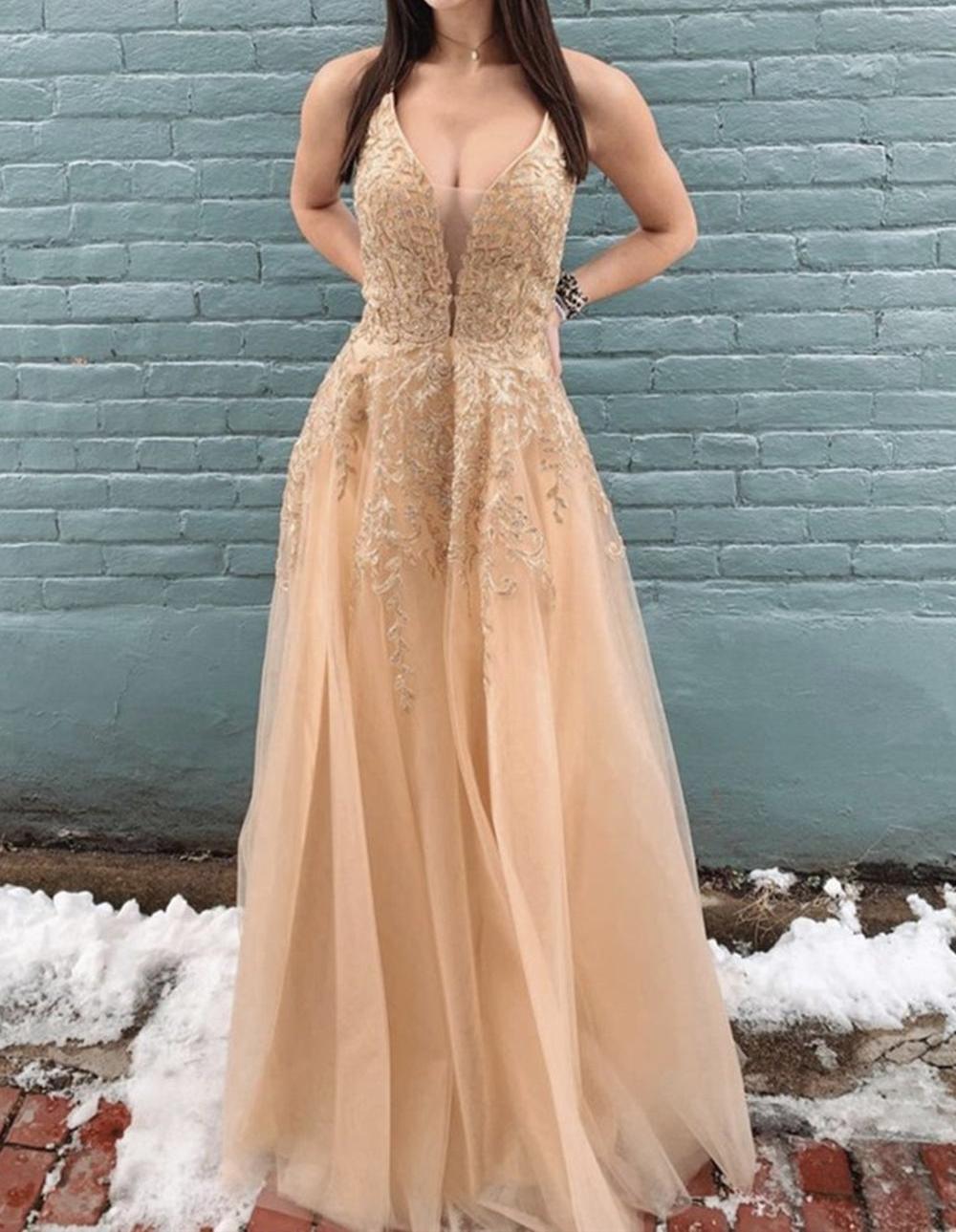 Unthony - Stylish Deep V Neck Champagne Lace Long Prom Dress