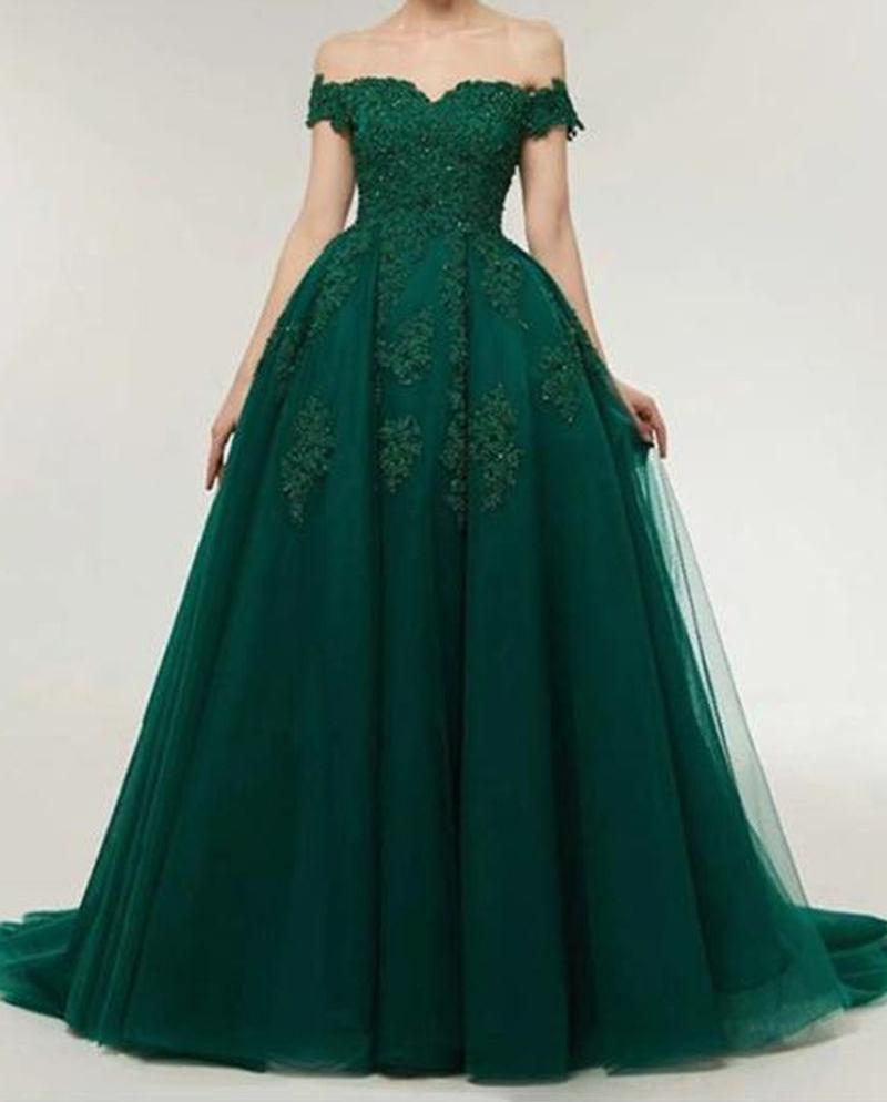 Unthony - Off the Shoulder Dark Green Lace Long Prom Dress