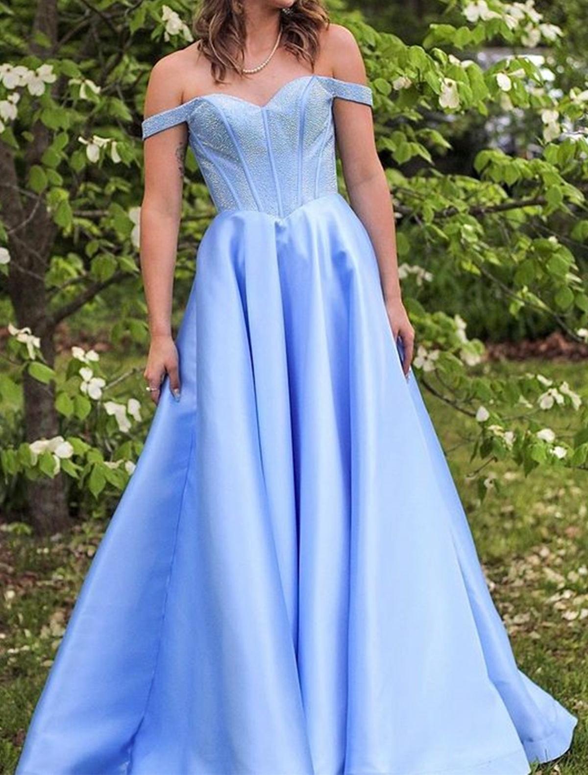 Unthony - Off the Shoulder Light Blue Satin Long Prom Dress