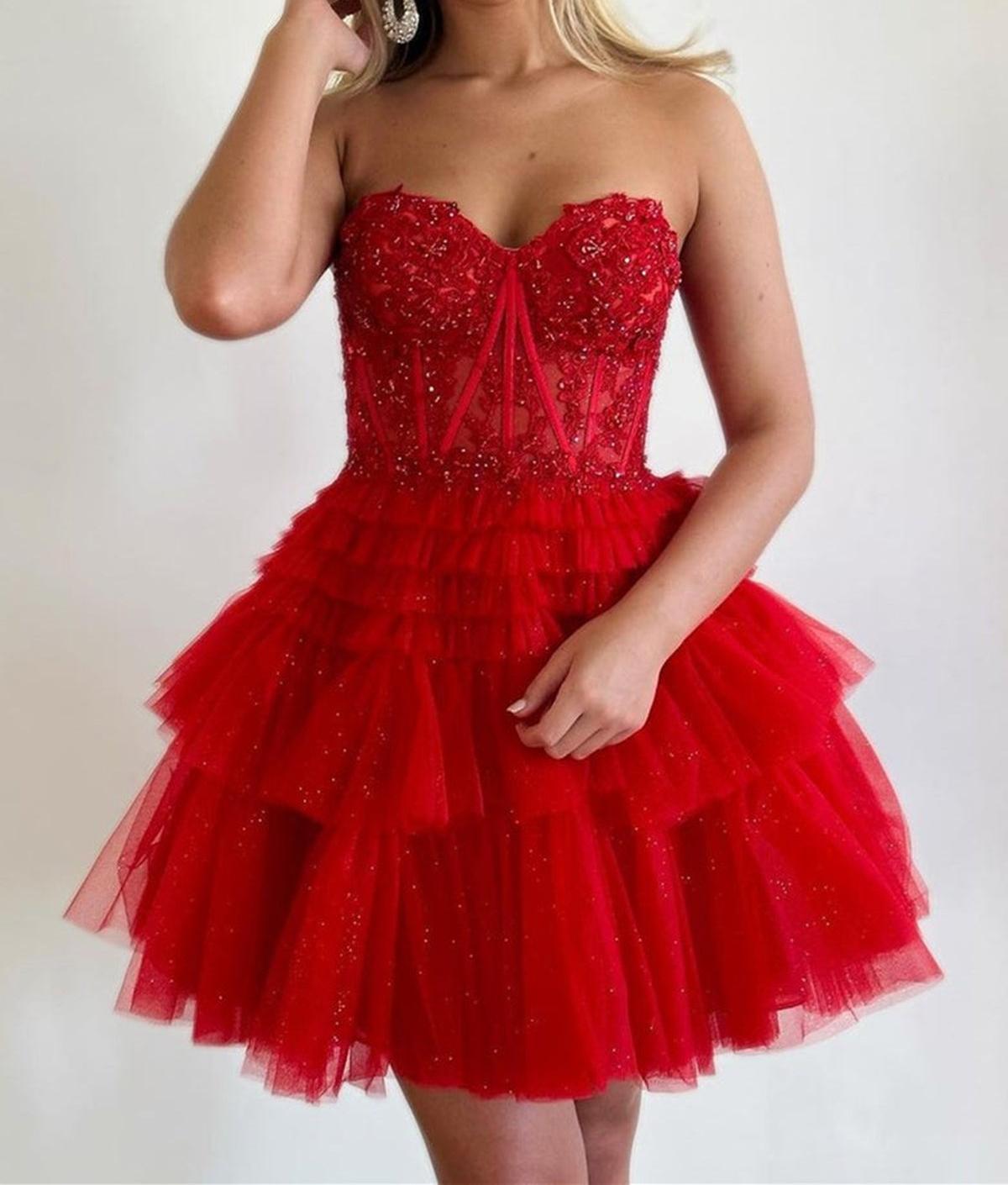 Unthony - Sweetheart Neck Strapless Beaded Red/Pink Lace Prom Dress