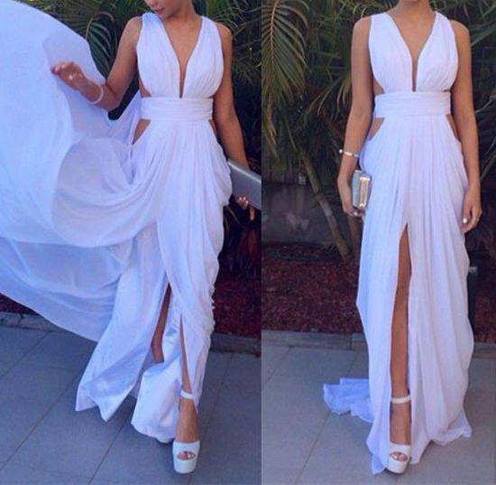Unthony - Sexy Unique Chiffon Long White Prom Dresses