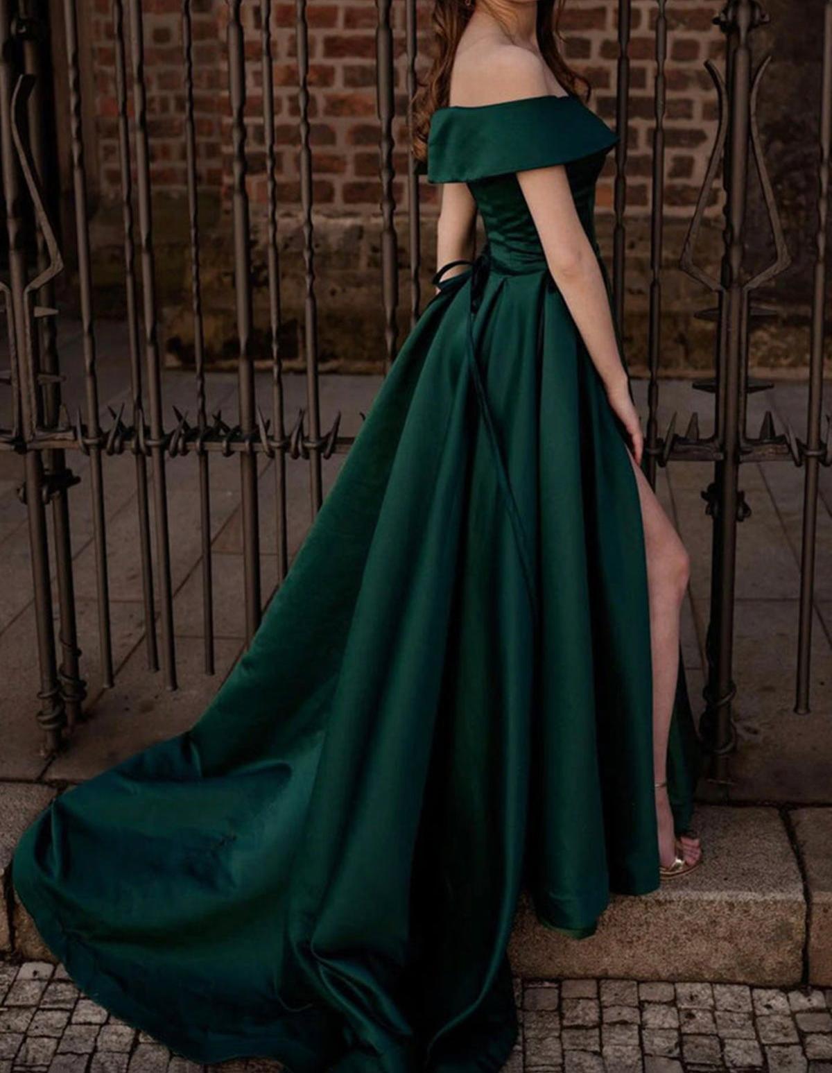 Unthony - Off Shoulder Dark Green Satin Long Prom Dress with High Slit