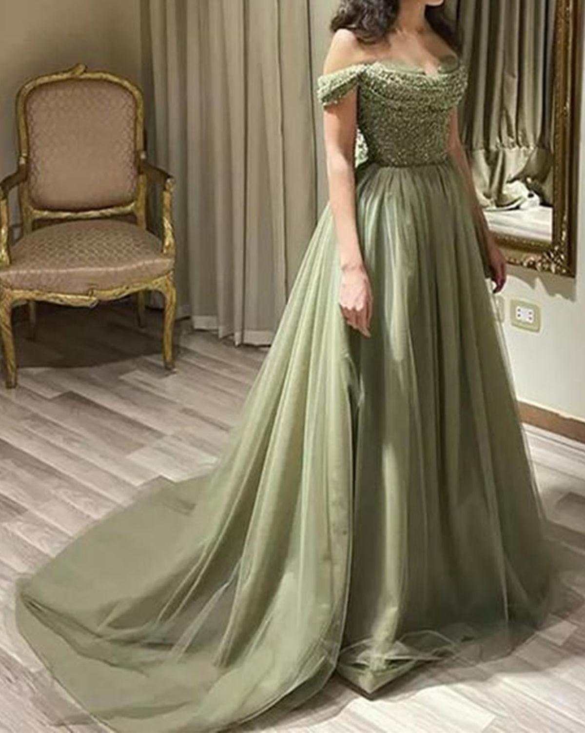 Unthony - Off the Shoulder Beaded Green Tulle Long Prom Dress