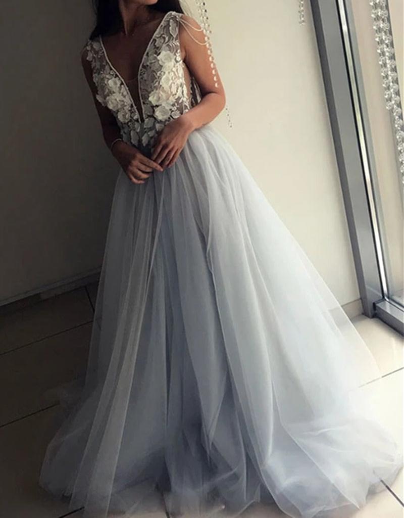 Unthony - A Line V Neck Long Lace Appliques Gray Prom Dress