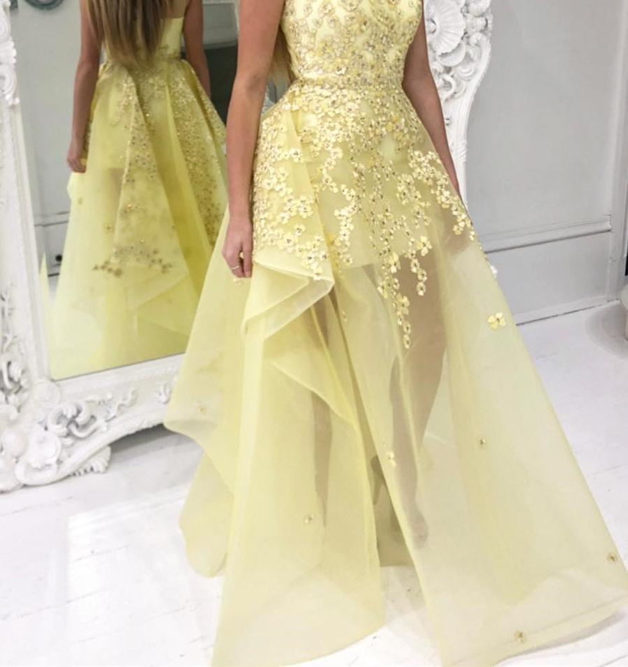 Unthony - High Low Round Neck Yellow Floral Lace Long Prom Dress