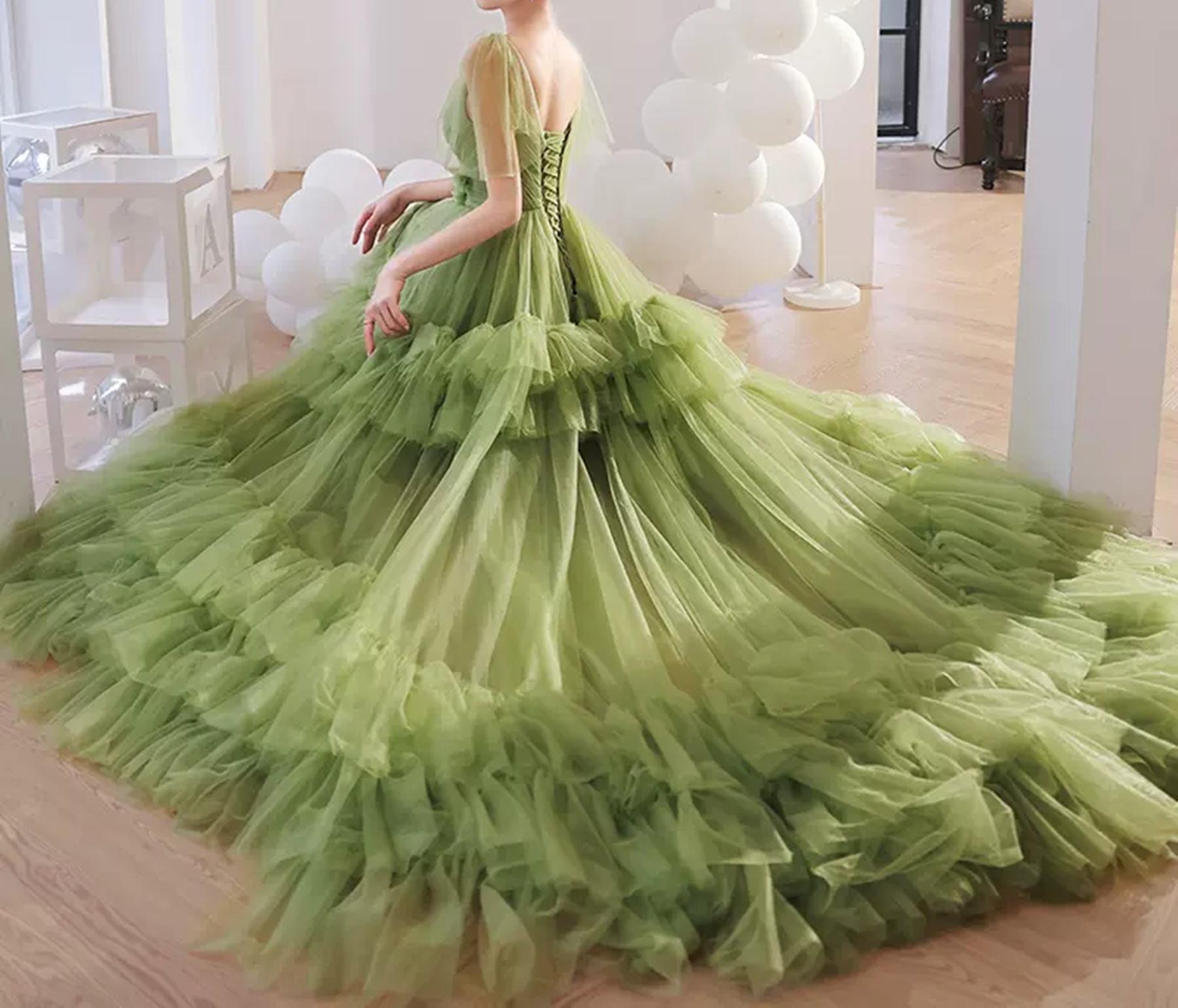 Unthony - Princess V Neck Green Tulle Long Prom Dress with 3D Flowers