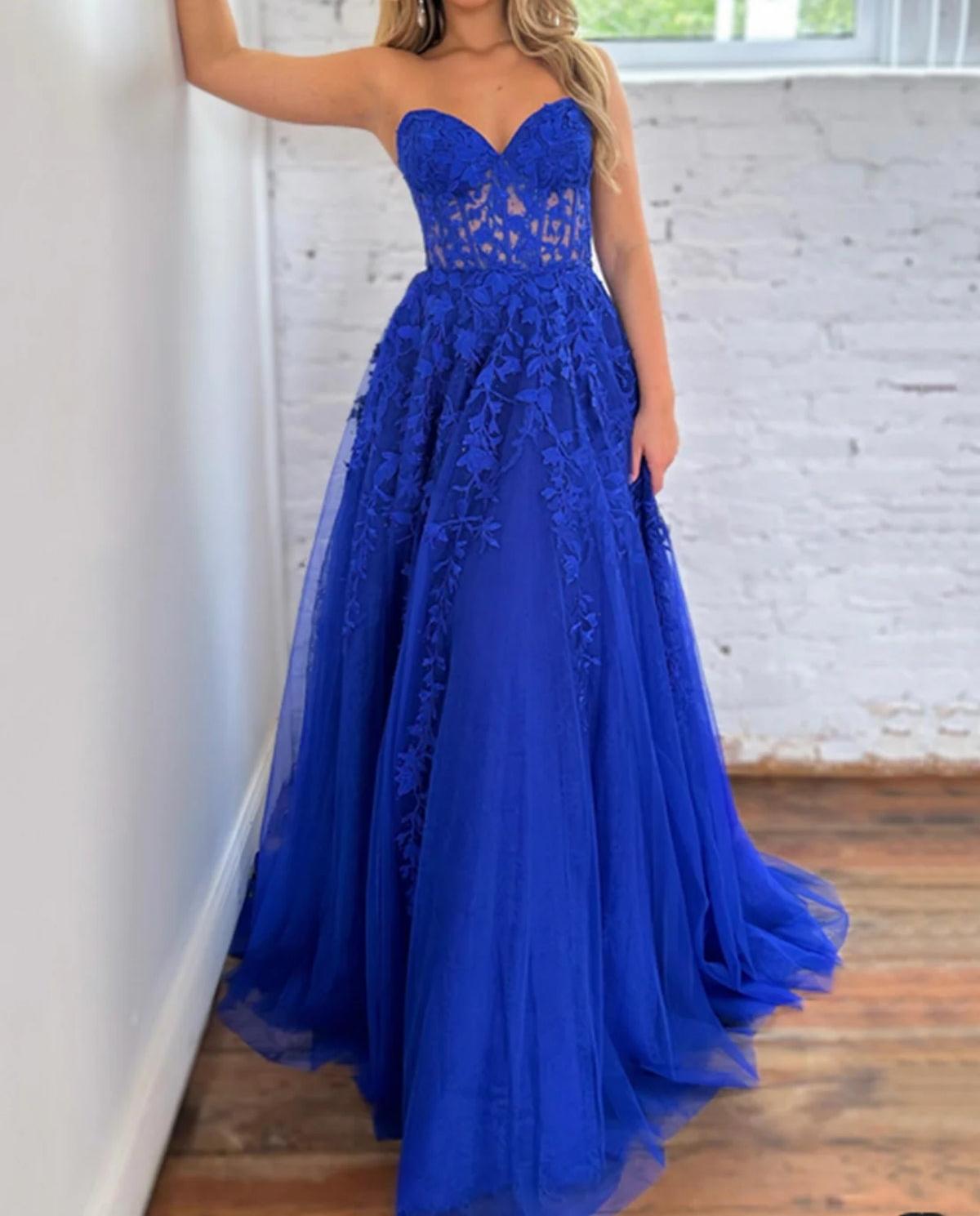 Unthony - Strapless Blue Lace Long Prom Dress