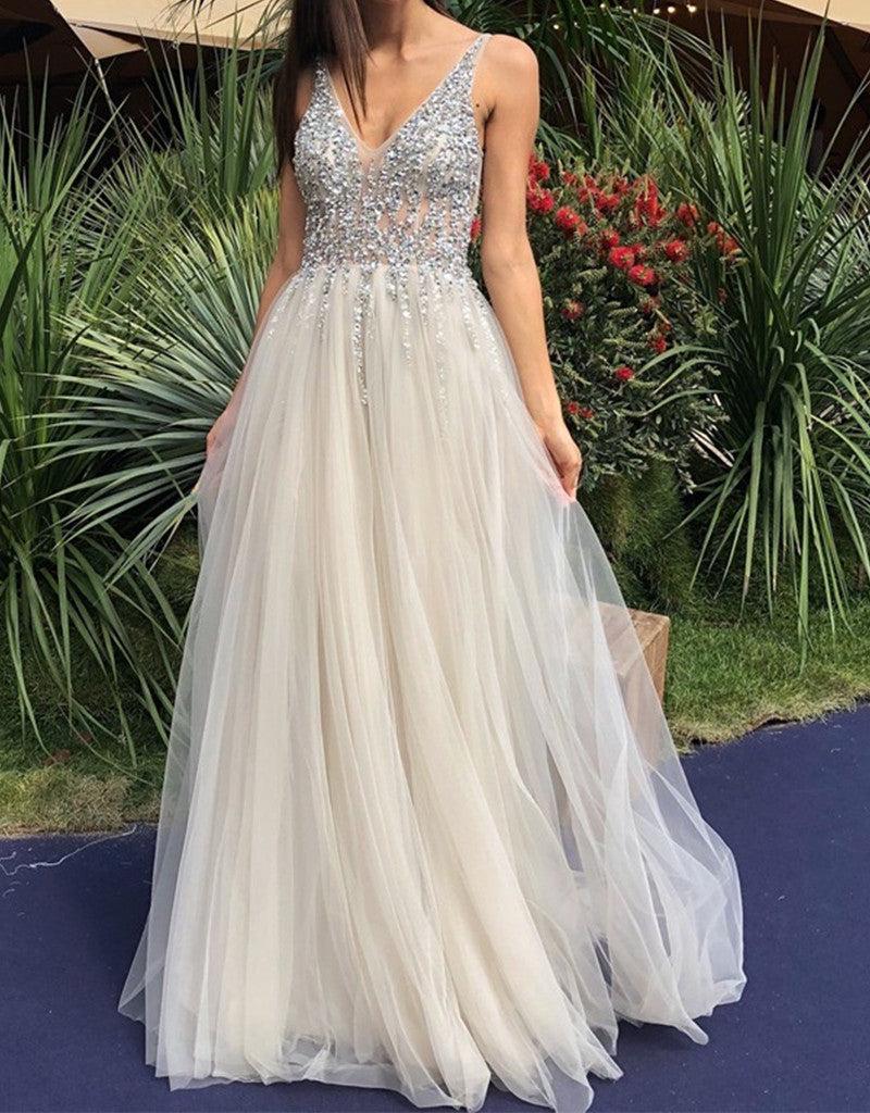 Unthony - A Line V Neck Backless Beaded Ivory Prom Dresses