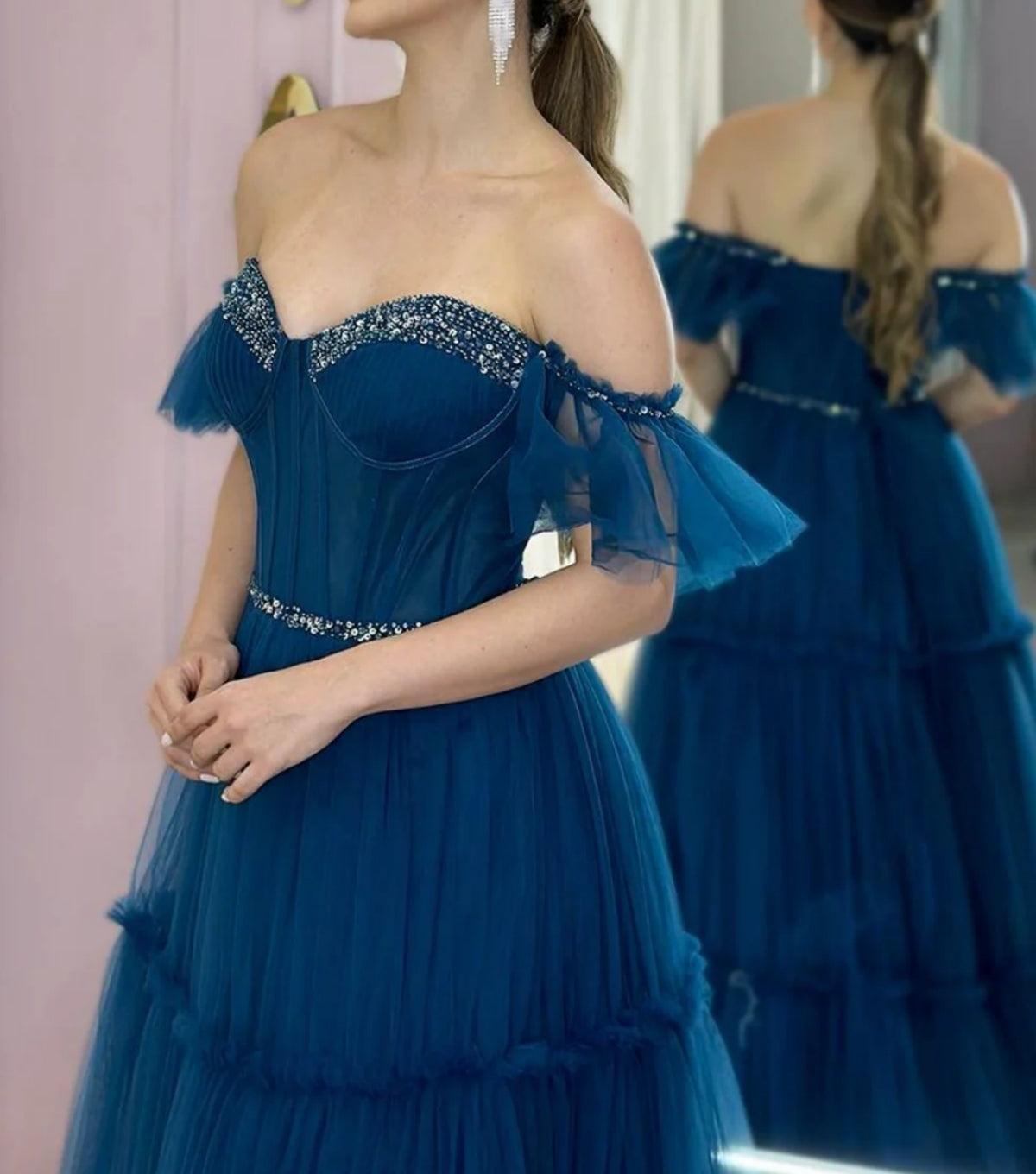 Unthony - Off Shoulder Beaded Blue Tulle Long Prom Dress