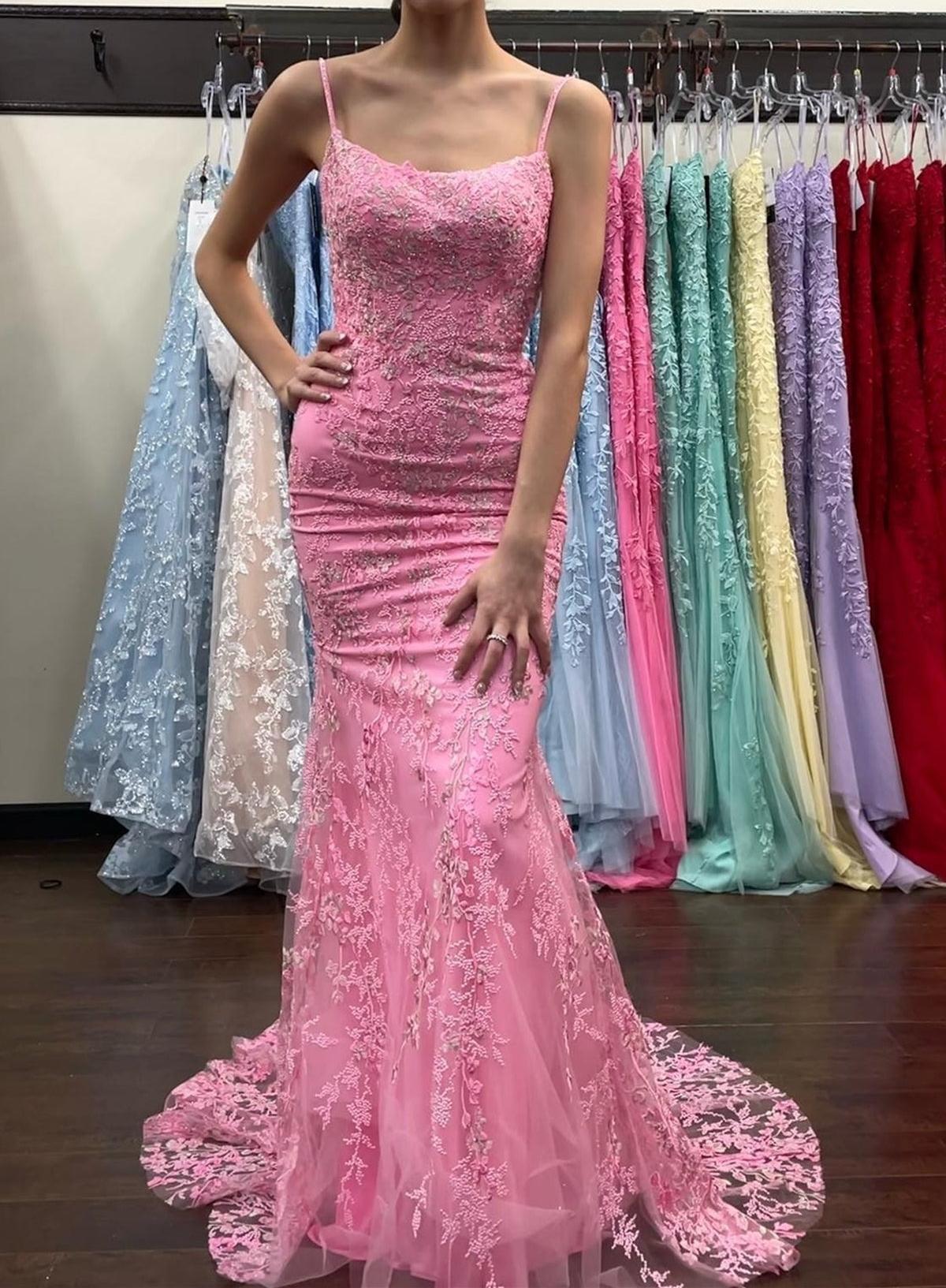 Unthony - Backless Mermaid Pink Lace Long Prom Dress