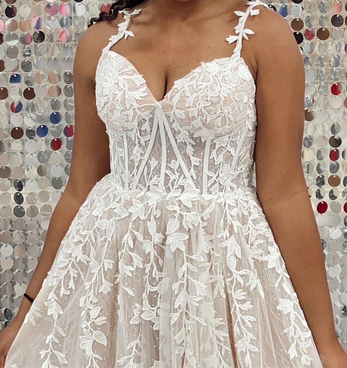 Unthony - A Line V Neck Champagne Lace Long Prom Dress