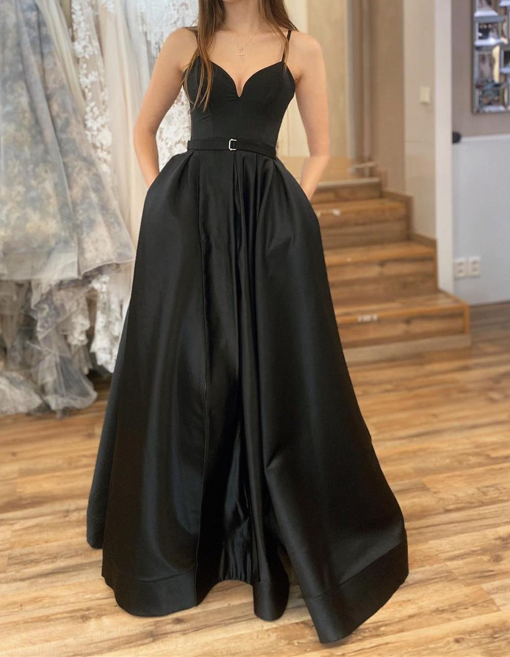 Unthony - A Line V Neck Black Satin Long Prom Dress with High Slit