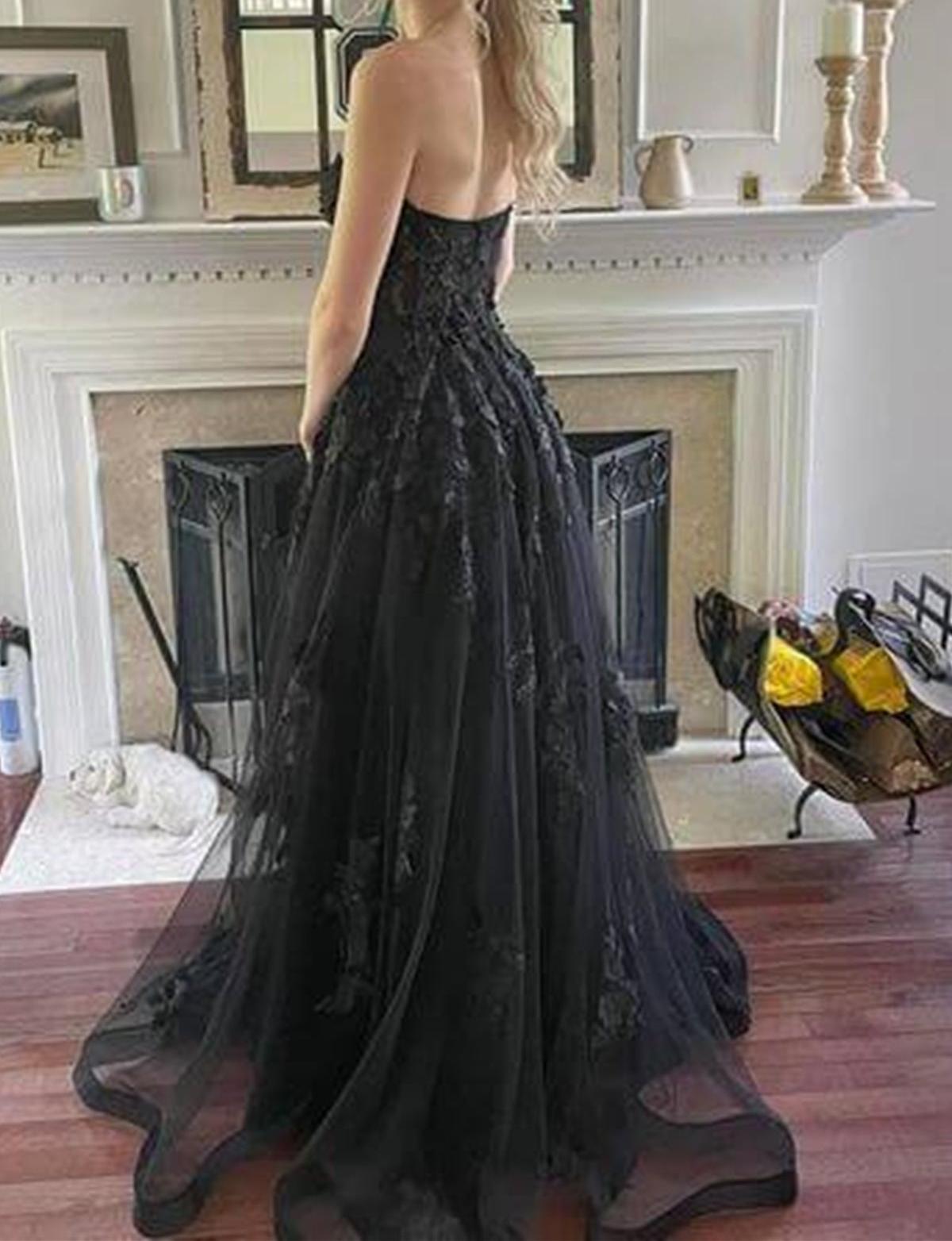 Unthony - Strapless Black Lace Tulle Long Prom Dress