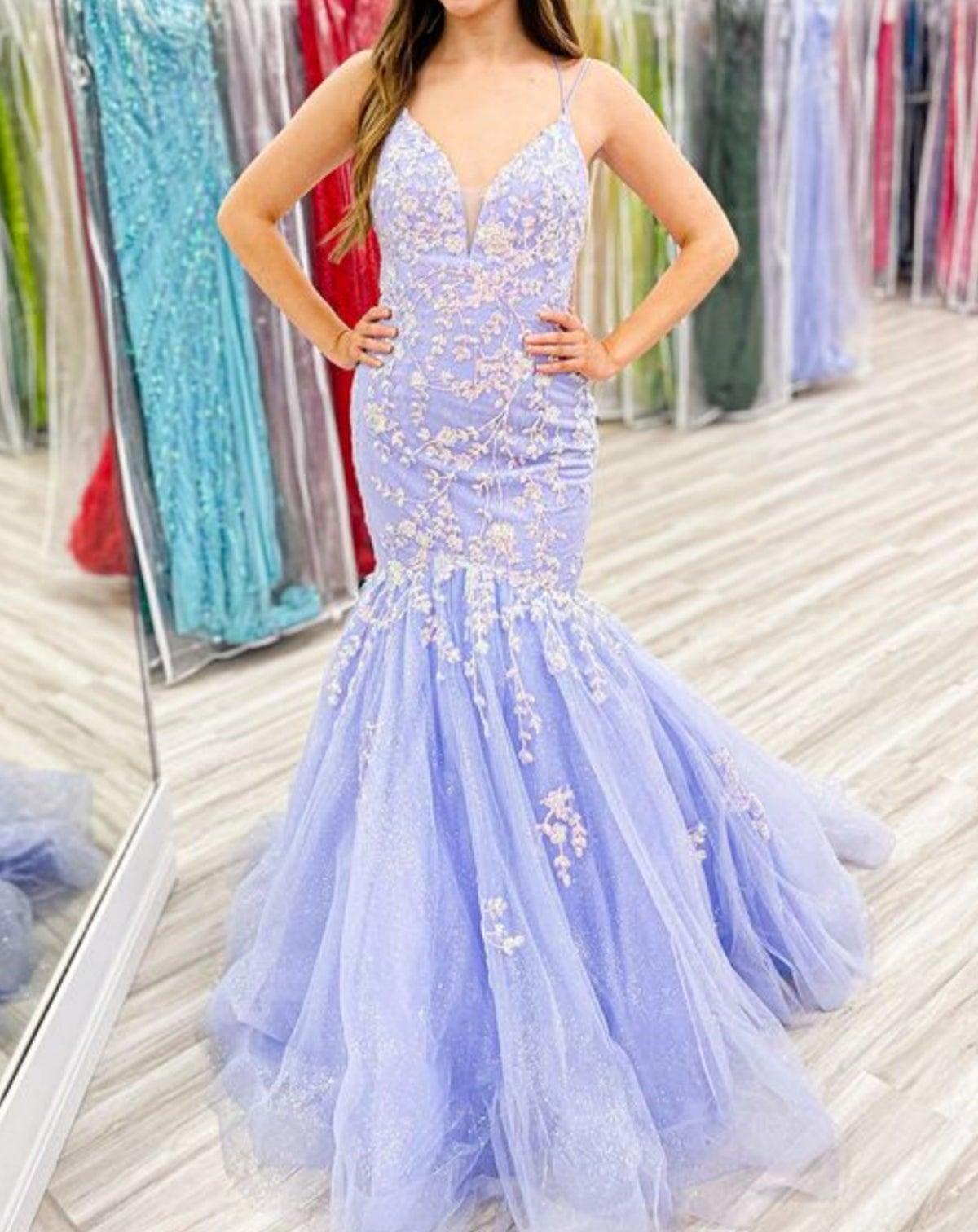 Unthony - V Neck Mermaid Lilac Lace Long Prom Dress