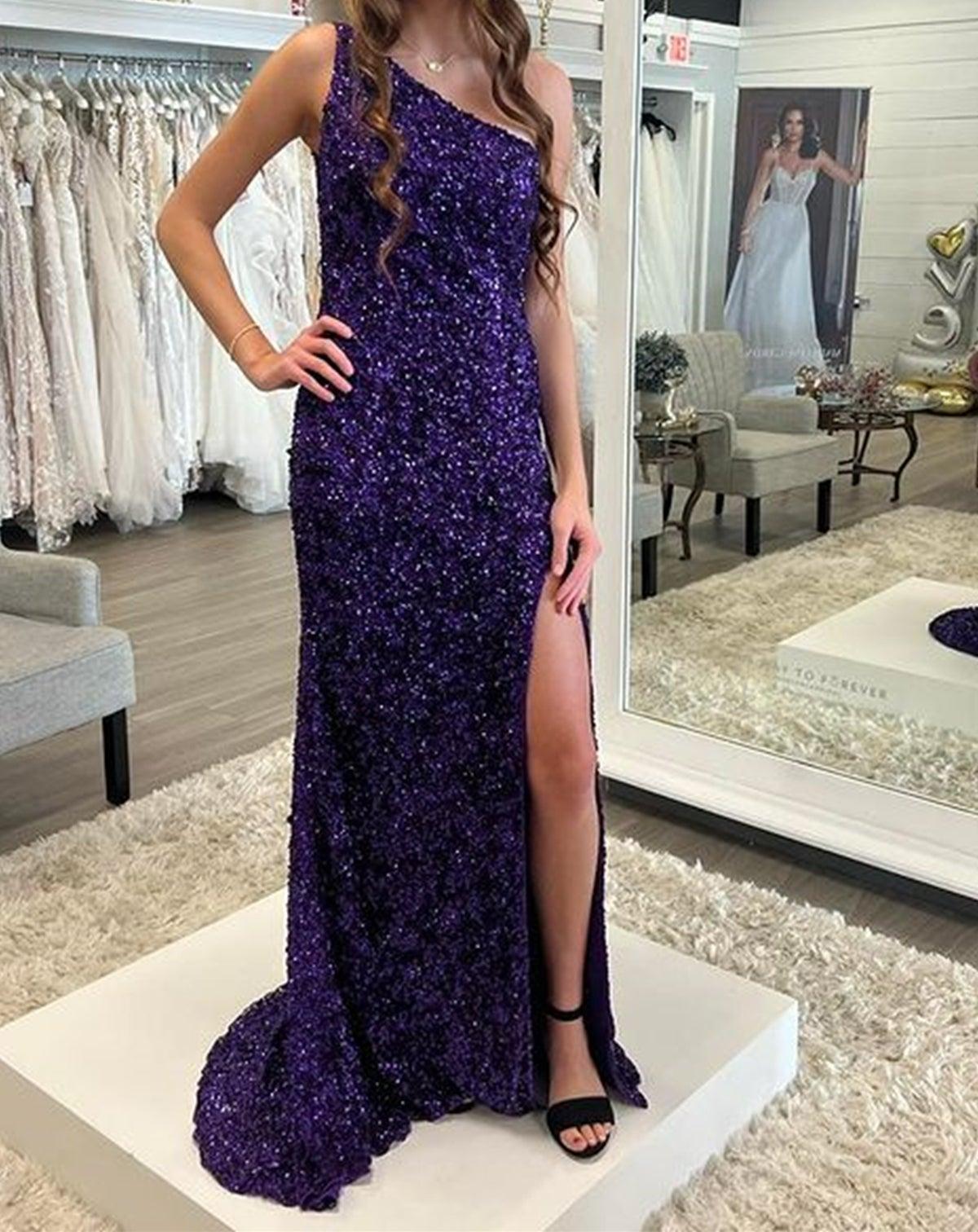 Unthony - One Shoulder Purple Sequins Mermaid Long Prom Dress with High Slit