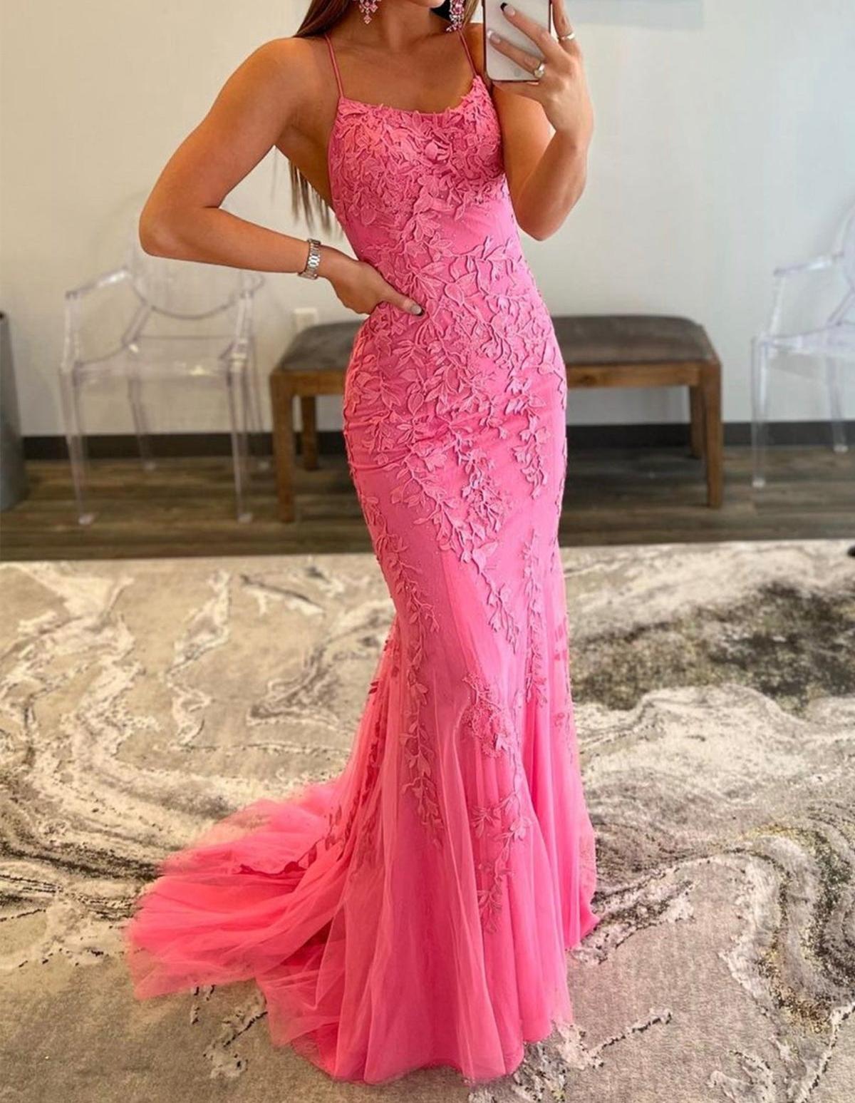 Unthony - Backless Mermaid Hot Pink Lace Long Prom Dress