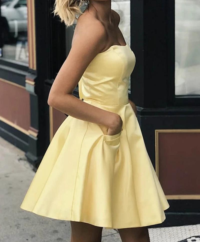Unthony - Strapless Short Yellow Prom Dress with Pockets