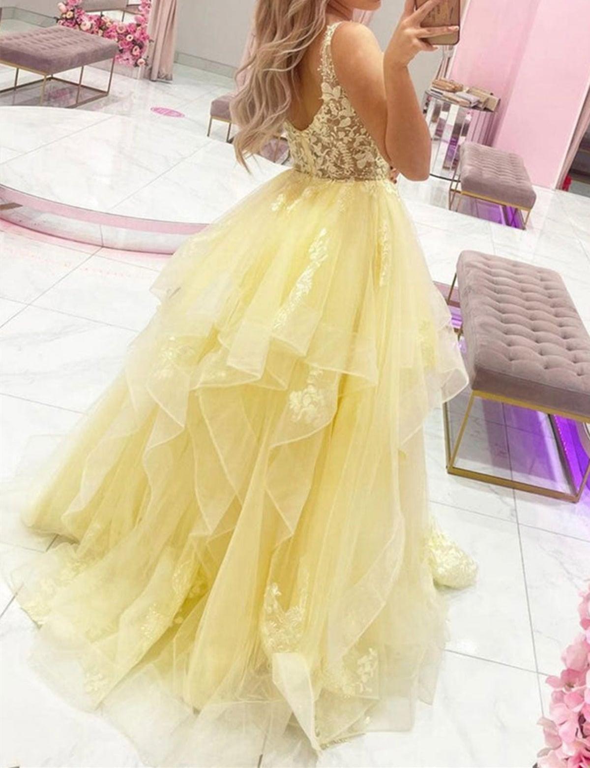 Unthony - V Neck Layered Yellow Tulle Lace Long Prom Dress