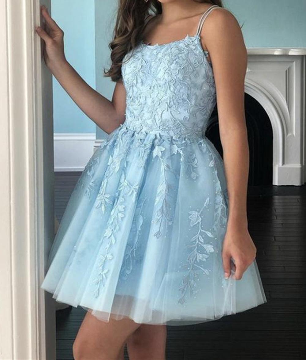 Unthony - Open Back Light Blue Lace Short Homecoming Prom Dress