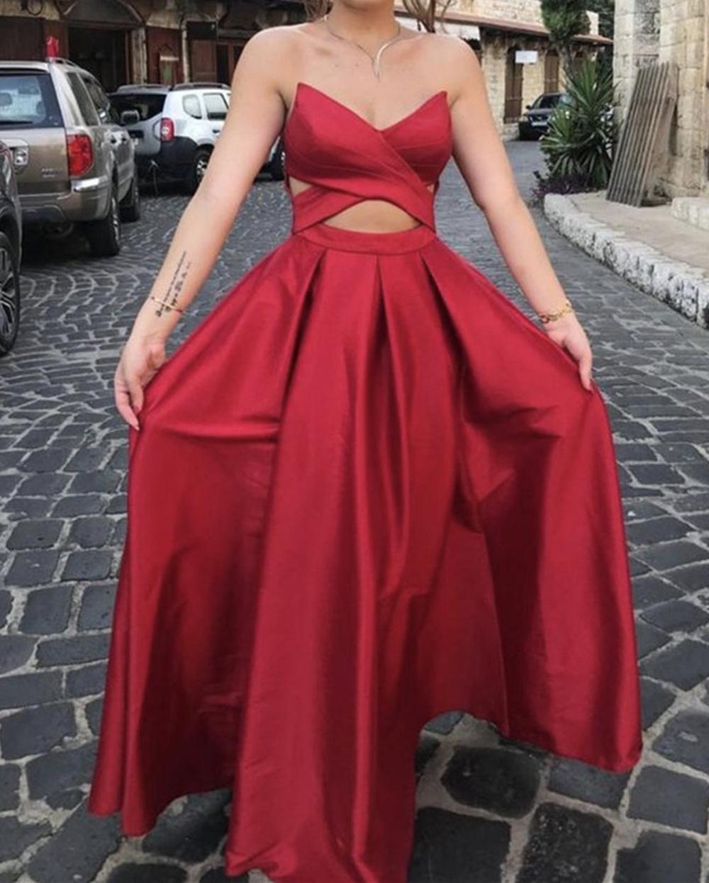 Unthony - Unique V Neck Backless Red Satin Long Prom Dress