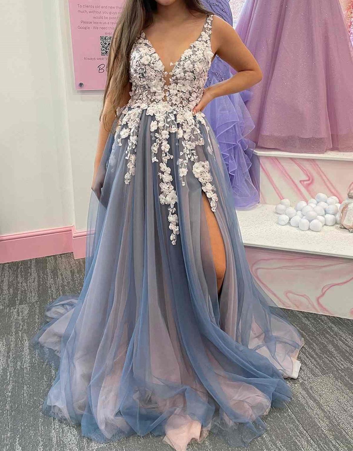 Unthony - V Neck Open Back Smoke Blue Tulle Long Prom Dress with Lace Flowers