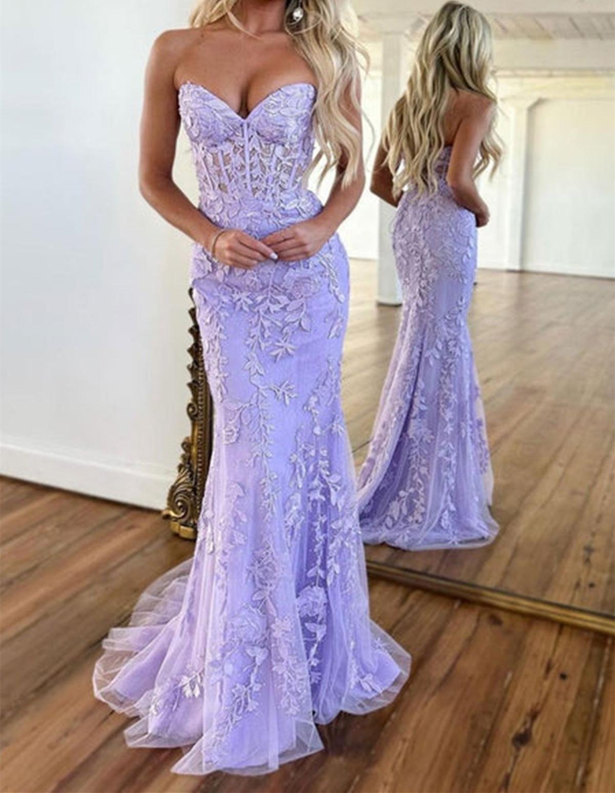 Unthony - Mermaid Strapless Purple Lace Long Prom Dress