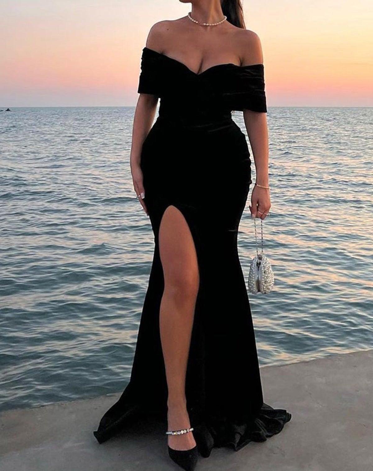 Unthony - Off Shoulder Mermaid Black Long Prom Dresses with High Slit
