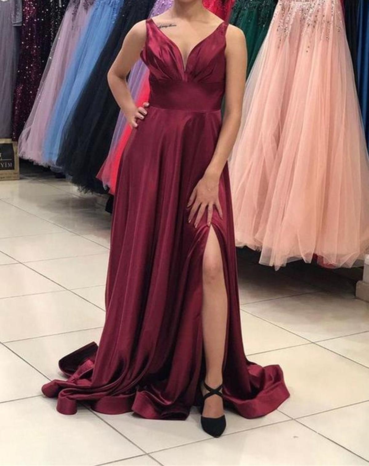 Unthony - A Line V Neck Open Back Yellow/Burgundy/Blue Long Prom Dress with Leg Slit