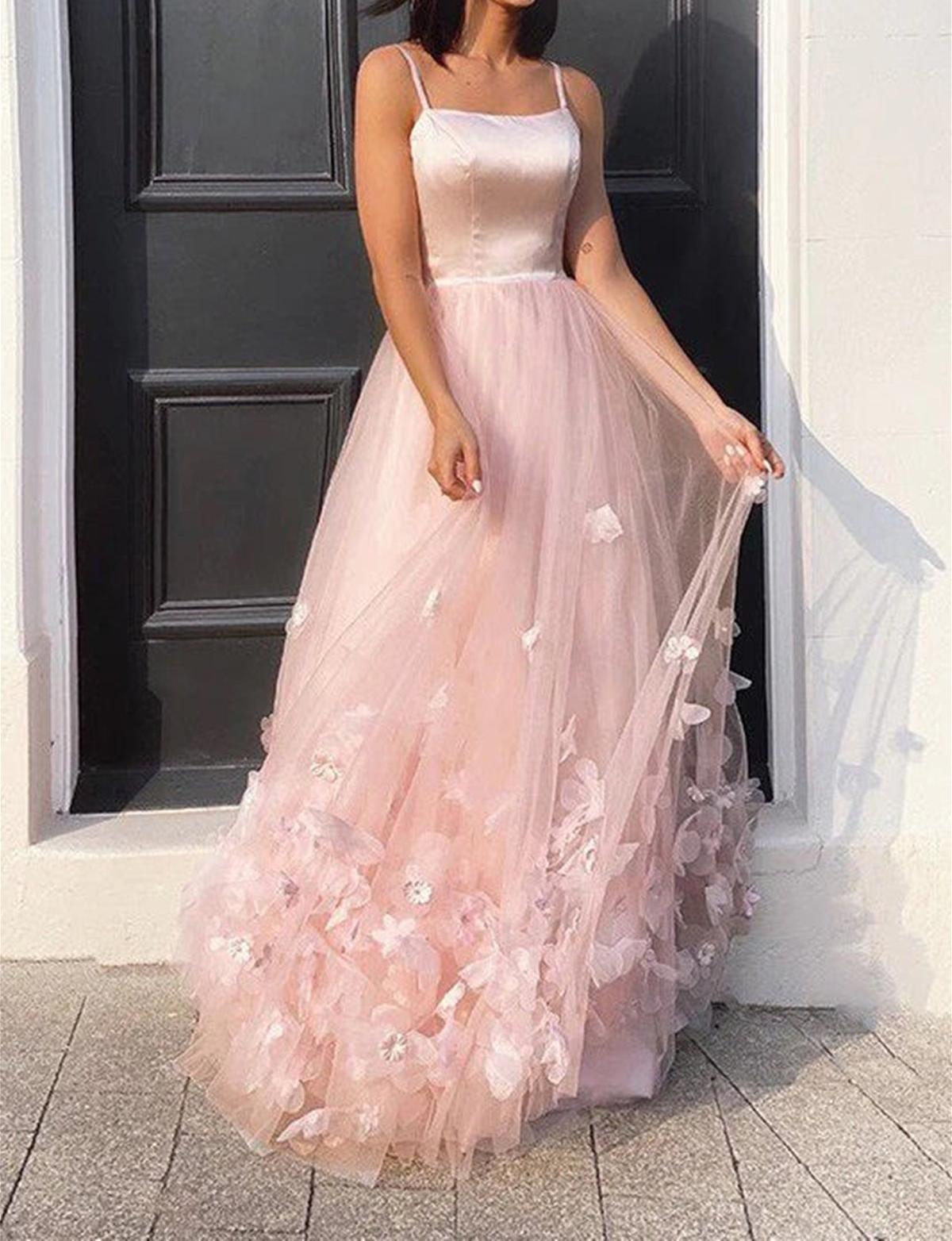 Unthony - A Line Pink Floral Long Prom Dress