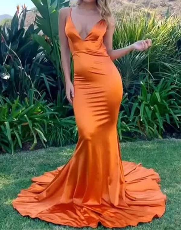 Unthony - Deep V Neck Mermaid Backless Orange Long Prom Dress